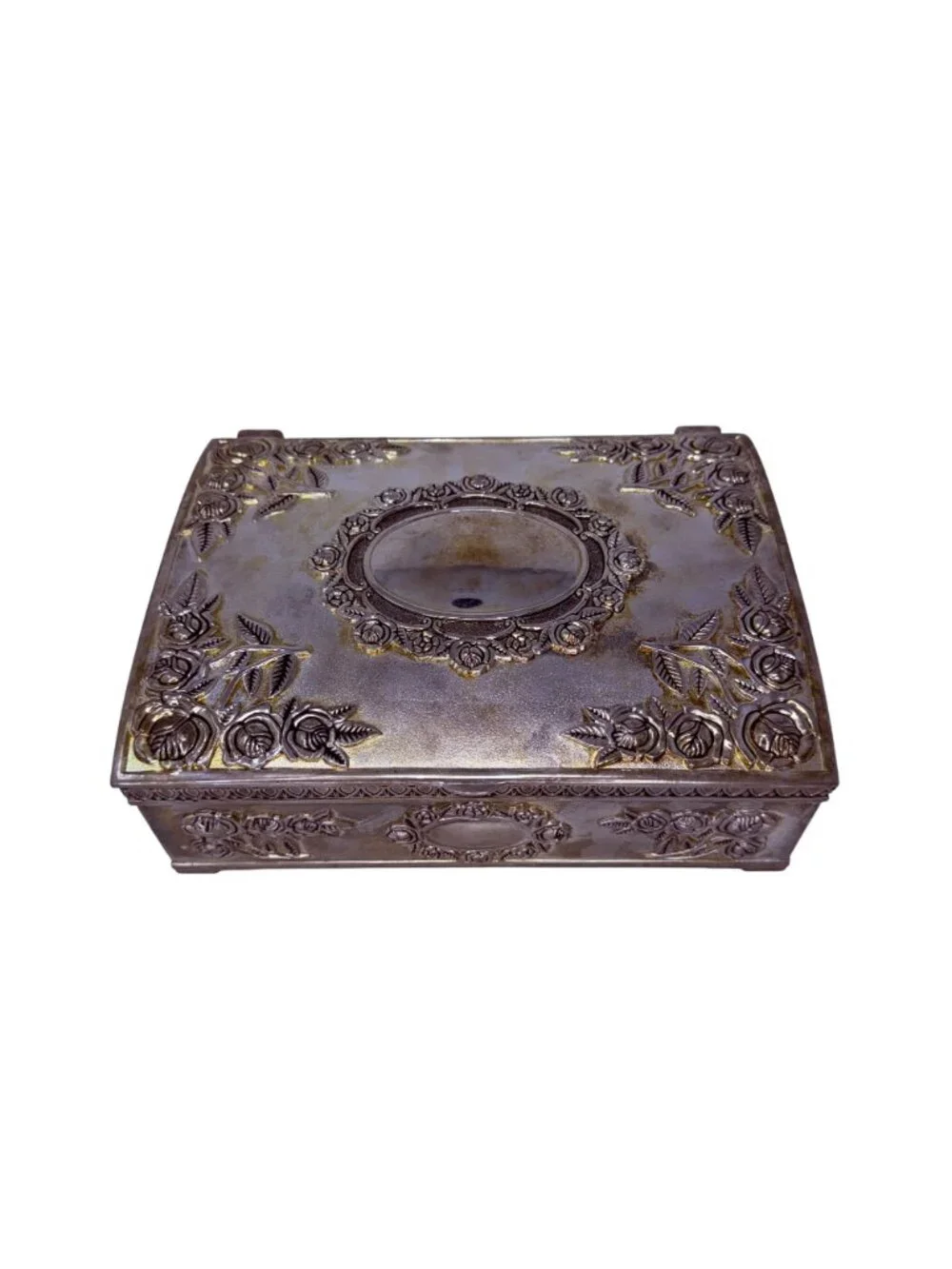 Vintage Godinger Silver Plate Jewelry Box with Roses and Red Velvet‎ Interior